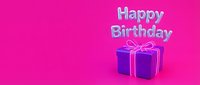 Purple gift box with pink ribbon and Happy Birthday balloon text on vibrant pink background, copy space for greeting cards and banners.