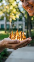 Young man holding glowing miniature castle in cupped hands outdoors with warm sunlight and bokeh background creating magical fantasy atmosphere.
