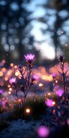 Glowing purple wildflowers against blurred bokeh background at dusk, with magical sparkles and light orbs creating dreamy atmospheric nature scene.