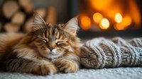 Sleepy Maine Coon cat relaxing on knitted blanket near fireplace with warm bokeh lights in background creating cozy autumn or winter atmosphere.