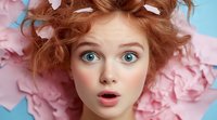 Young woman with red curly hair and bright blue eyes expressing surprise, white feathers in hair, pink flowers background, beauty portrait on blue backdrop.