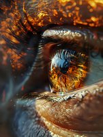 Extreme macro shot of human eye with fire reflection in iris, dramatic lighting creates mystical amber and orange glow against dark background for fantasy designs.