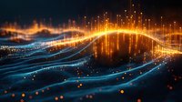 Glowing orange and blue waves with light particles creating dynamic motion effect against dark background, representing digital technology and data flow.