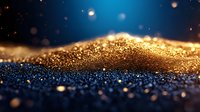 Golden glitter particles flowing in waves against deep blue background with bokeh lights creating magical sparkle effect for luxury design projects.