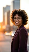 Young African American woman with curly hair and eyeglasses wearing burgundy blazer smiling at camera with blurred city skyline at golden hour for business and professional portraits.
