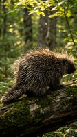 North American porcupine with spiky quills sitting on fallen log in natural forest habitat with green foliage and dappled sunlight filtering through trees.