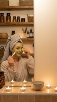Woman applying green face mask with jade roller in spa bathroom with candles and natural skincare products for relaxation and wellness routine.