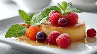 Golden panna cotta dessert topped with fresh mixed berries and mint leaves on white plate. Elegant restaurant presentation for culinary photography.