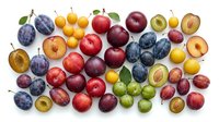 Assorted fresh fruits including plums, apricots, peaches, apples, blueberries and grapes arranged on white background for food, nutrition and healthy eating designs.