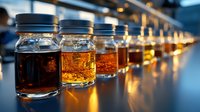 Row of glass mason jars filled with aged whiskey samples on illuminated bar counter, showcasing different amber color variations in warm lighting atmosphere.