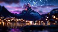 Silhouette of person admiring majestic mountain peak at twilight with starry sky and city lights reflecting in lake, creating magical purple and blue atmosphere.