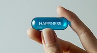 Blue capsule pill labeled "happiness" held between fingers against light background, representing mental health and emotional wellbeing concepts.