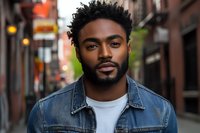 Young African American man with natural hair and beard wearing denim jacket and white t-shirt poses confidently on urban street. Professional headshot style portrait.