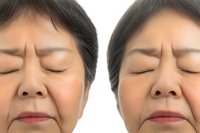 Close up portrait of mature Asian woman with eyes closed showing facial expressions and emotional state, side by side comparison for wellness and healthcare concepts.