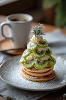 Festive Christmas tree pancakes with kiwi slices, whipped cream, and pine sprig topper served with coffee for holiday breakfast.