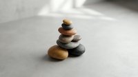 Balanced stack of smooth river stones creating zen meditation tower on clean white surface with soft natural lighting for wellness and mindfulness concepts.