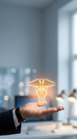 Medical caduceus symbol glowing in hand of professional in modern office setting. Healthcare, wellness, and medical services concept for business and hospital applications.