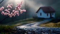 Dreamy spring landscape with cherry blossom branch over flowing stream and distant cottage silhouette against moody sky, creating serene rural atmosphere.
