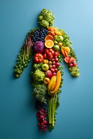 Fresh fruits and vegetables arranged in human body shape on blue background, representing healthy eating and nutrition for wellness and diet concepts.