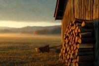 Rustic wooden cabin with stacked firewood against golden sunset sky, foggy mountain landscape and warm evening light illuminating countryside meadow.