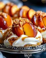 Fresh plum pavlova dessert with whipped cream, caramel sauce and crumble topping on vintage silver plate, macro food photography with selective focus.