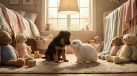 Two puppies, one brown and one white, sitting together on a soft carpet surrounded by teddy bears and toys in a bright, sunlit nursery room with windows and curtains.