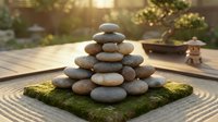 Zen stone cairn balanced on moss in peaceful garden setting with warm sunlight creating tranquil meditation atmosphere for wellness and mindfulness practices.