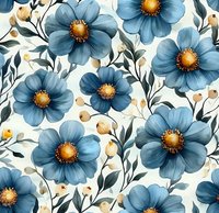 Seamless floral pattern with dusty blue cosmos flowers and beige buds on white background. Delicate green leaves create elegant botanical repeat for fabric design.