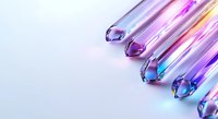 Crystal glass prisms reflecting rainbow light with purple and pink iridescent colors on gradient background, creating magical optical effects.