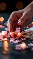 Gentle hands protecting delicate pink cherry blossoms on open book pages with warm bokeh lights creating magical romantic atmosphere for mindfulness concepts.