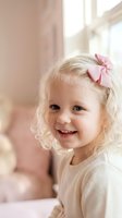 Adorable blonde toddler girl with pink bow smiling joyfully in soft natural light. Sweet childhood portrait for family and parenting content.
