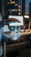 Businessman hands protecting holographic cybersecurity network with digital icons and data protection symbols in modern office environment.