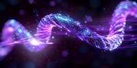 Glowing spiral DNA strand with purple and blue neon particles floating in dark space, abstract genetic science background for medical and biotechnology designs.