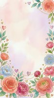 Watercolor floral frame with roses, peonies, and ranunculus flowers in coral, pink, and blue tones surrounded by green leaves, hearts, and gold accents on soft pastel background.