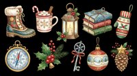 Vintage holiday decorations collection with festive boots, mugs, lanterns, books, compass, holly, keys, ornaments and pinecone on transparent background. Ready for t-shirt designs, clipart, stickers, print-on-demand products and sublimation projects.