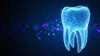 Digital holographic tooth glowing in blue light with particles on dark background for dental technology and healthcare innovation concepts.