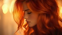 Young woman with flowing red hair in profile against warm golden bokeh background, eyes closed in serene expression, soft natural lighting creates dreamy atmosphere.