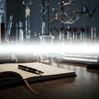 Open notebook with pen on wooden table in modern laboratory with glassware and scientific equipment in blurred background for research documentation.