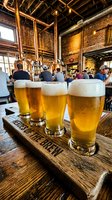 Three glasses of golden lager beer with thick foam heads sit on a wooden flight board in a rustic brick brewery taproom with industrial ceiling beams and warm lighting, perfect for beverage and hospitality marketing.