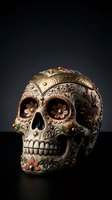 Ornate sugar skull with intricate floral patterns and metallic details on dark background for Day of the Dead celebrations and cultural decorations.