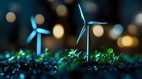 Glowing blue wind turbines with green plants on dark background with bokeh lights, representing sustainable energy and environmental conservation concept.