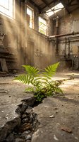 Green fern plant growing through cracked concrete floor in abandoned industrial building with sunlight streaming through broken windows.