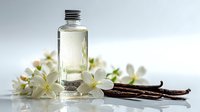 Aromatic vanilla essential oil in glass bottle with white jasmine flowers on light background for natural cosmetics and spa treatments.
