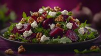 Fresh beet and feta salad with arugula, candied walnuts on dark plate against purple background. Healthy Mediterranean cuisine with vibrant colors.