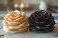 Contrasting cream and black rose soaps with delicate layered petals on marble surface, soft bokeh background creates elegant bathroom or spa atmosphere.