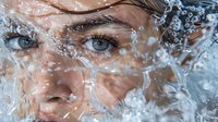 Close up portrait of young woman with blue eyes surrounded by splashing water droplets and dynamic motion creating fresh, energetic beauty concept.