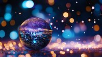 Crystal ball reflecting urban night lights against blurred bokeh background with magical sparkles and glowing dots creates dreamy atmosphere.