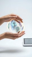 Caucasian female hands holding a glowing holographic sphere with human silhouettes, symbolizing global connection, AI, and digital innovation.
