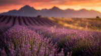 Lavender field at sunset with mountain backdrop creating romantic agricultural landscape for aromatherapy and natural wellness concepts.