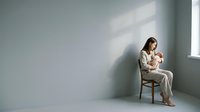 Young Caucasian mother in beige outfit sits on chair breastfeeding newborn in minimalist gray room with soft natural window light.
